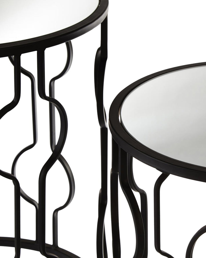 Set of 2 Monochrome Contemporary Iron Side Tables with Mirrored Glass Top - Ideal