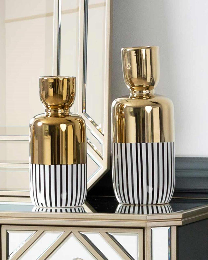 Tall Halley Black & White Stripe Gold Vase - Ideal