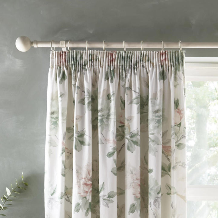 Campion Lined Tape Top Curtains Green & Coral - Ideal