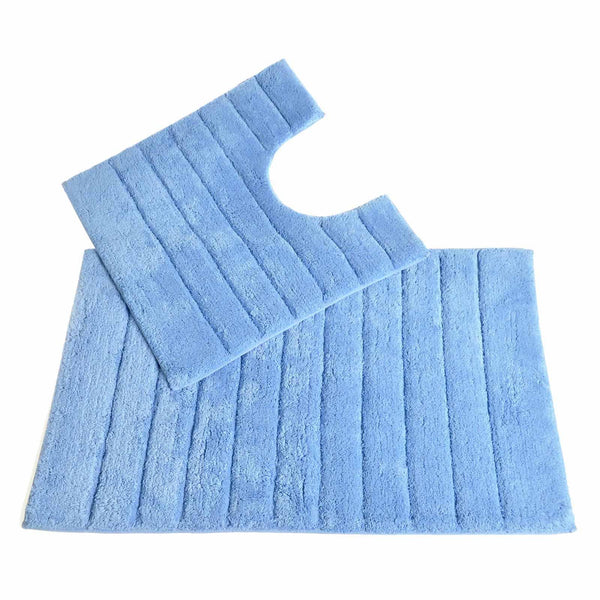 Linear Rib Baby Blue 100% Cotton 2 Piece Pedestal & Bath Mat Set -  - Ideal Textiles