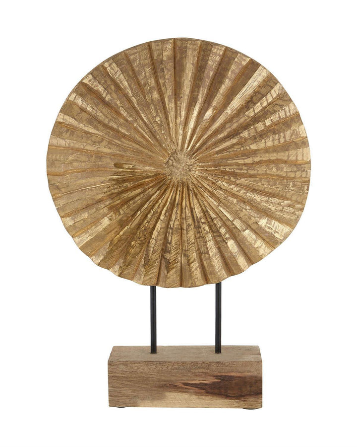 Handcrafted Gold Fluted Mango Wood Disc Sculpture on Wooden Plinth with Black Iron Rods - Ideal