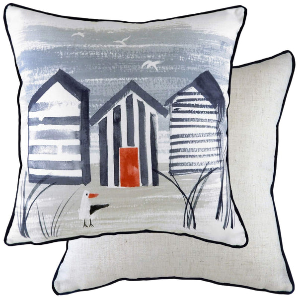 Nautical Beach Huts Seaside Scene Blue Filled Cushions 17'' x 17'' - Polyester Pad - Ideal Textiles