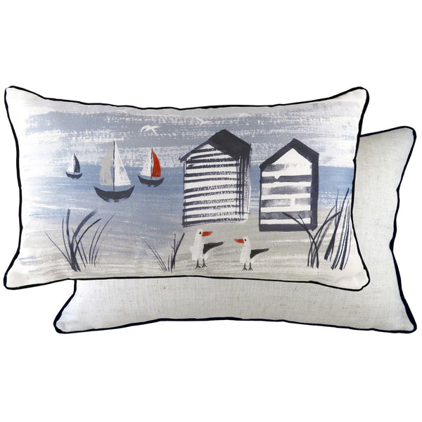 Nautical Beach Huts Seaside Scene Blue Filled Cushions 12'' x 20'' - Polyester Pad - Ideal Textiles