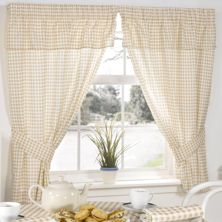 Molly Gingham Check Beige Tape Top Kitchen Curtains Set - Ideal