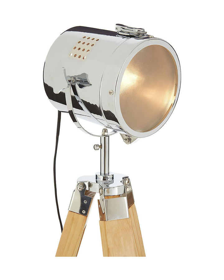 Chrome Spotlight Wooden Tripod Floor Lamp - Ideal