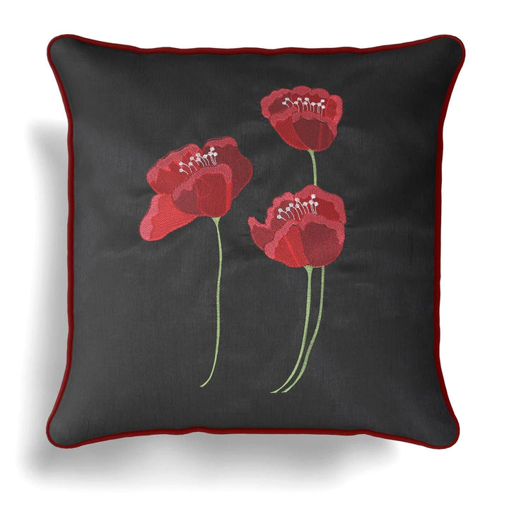 Poppies Faux Silk Black Cushion Cover 22" x 22" -  - Ideal Textiles