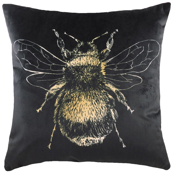Gold Bee Printed Velvet Black Filled Cushions 17'' x 17'' - Polyester Pad - Ideal Textiles