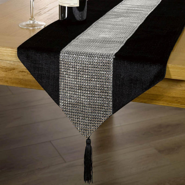 Eclat Diamante Sparkle Tasselled Velvet Black Table Runners - 13'' x 72'' - Ideal Textiles