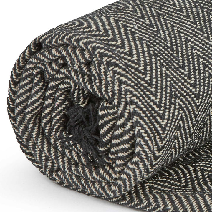 Herringbone Tasselled 100% Recycled Cotton Black Throws -  - Ideal Textiles