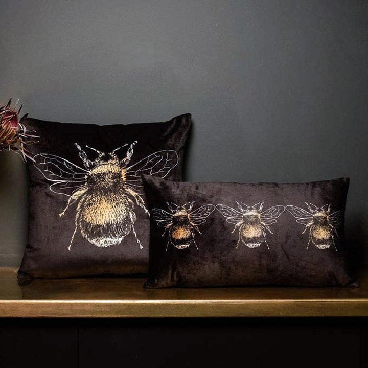 Gold Bee Printed Velvet Black Filled Cushions 17'' x 17'' -  - Ideal Textiles