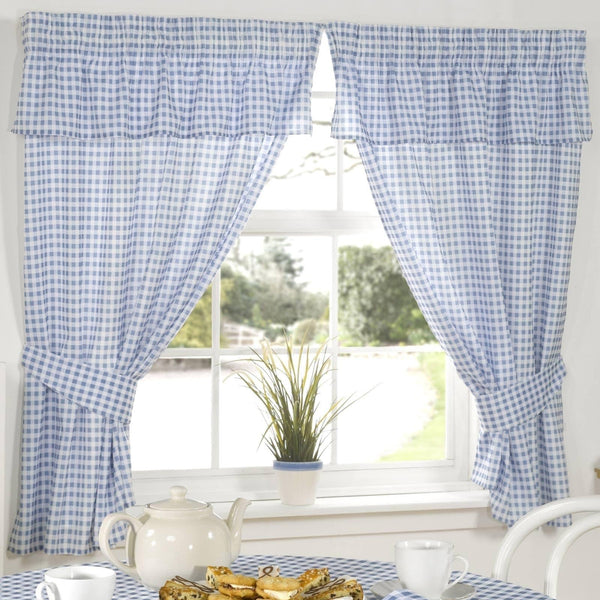 Molly Gingham Check Blue Tape Top Kitchen Curtains Set - Ideal