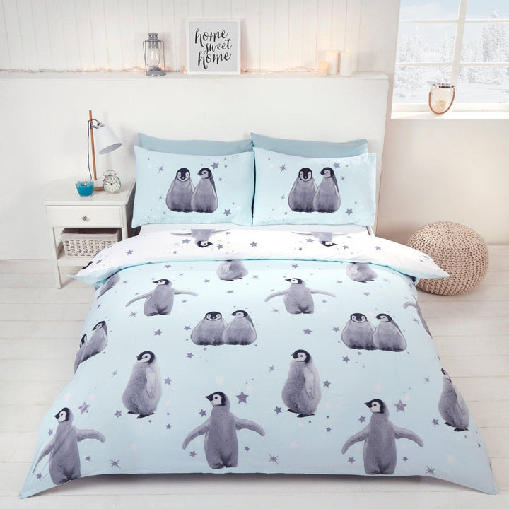 Starry Penguins Reversible Blue Duvet Cover Set - Single - Ideal Textiles