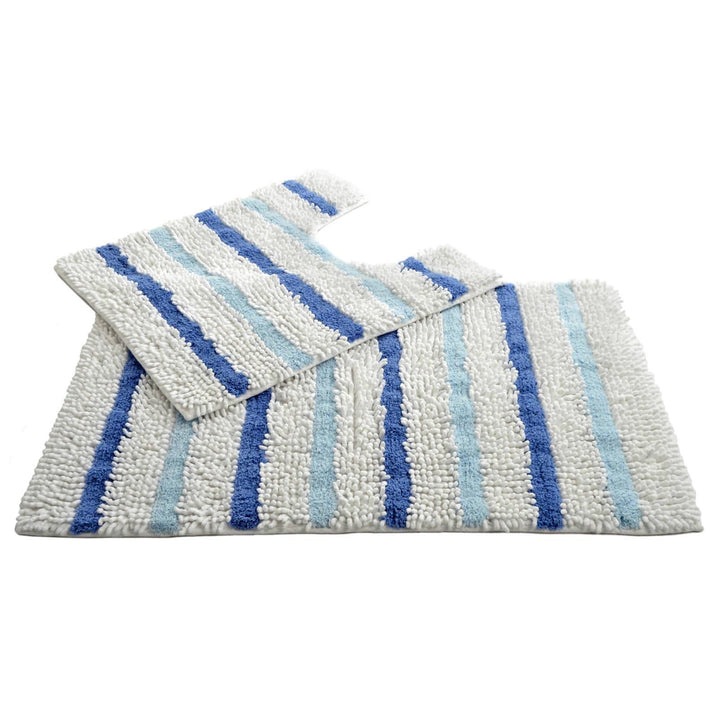 Juno Chenille Stripe Bath & Pedestal Mat Set Blue -  - Ideal Textiles