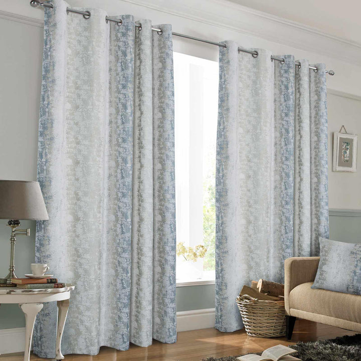Portofino Ombre Velvet Lined Eyelet Curtains Blue - 66'' x 54'' - Ideal Textiles