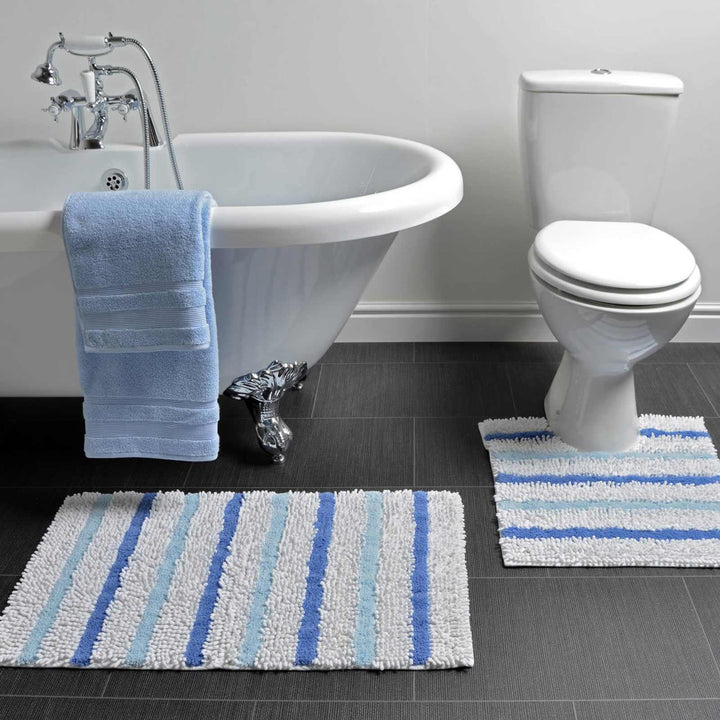 Juno Chenille Stripe Bath & Pedestal Mat Set Blue -  - Ideal Textiles