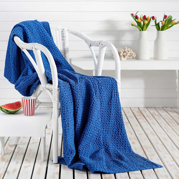 Mallory Luxury Honeycomb Waffle Throw Blue -  - Ideal Textiles