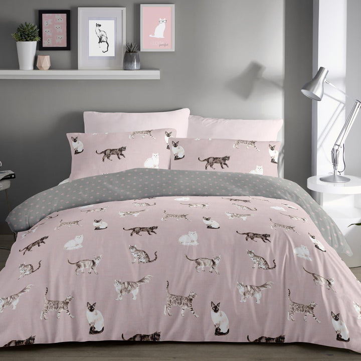 Cats Polka Dot Reversible Blush Pink Duvet Cover Set - Single - Ideal Textiles