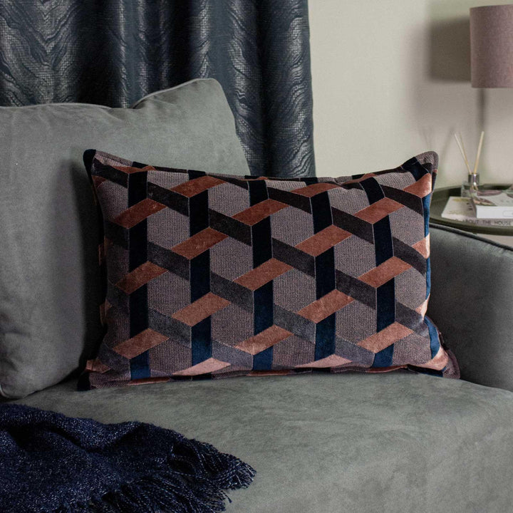 Delano Geometric Lattice Blush & Navy Cushion Covers 16'' x 24'' -  - Ideal Textiles