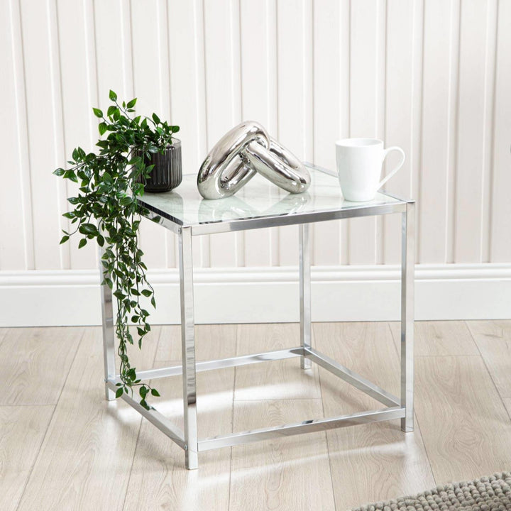 Carrara Marble Effect Side Table - Ideal