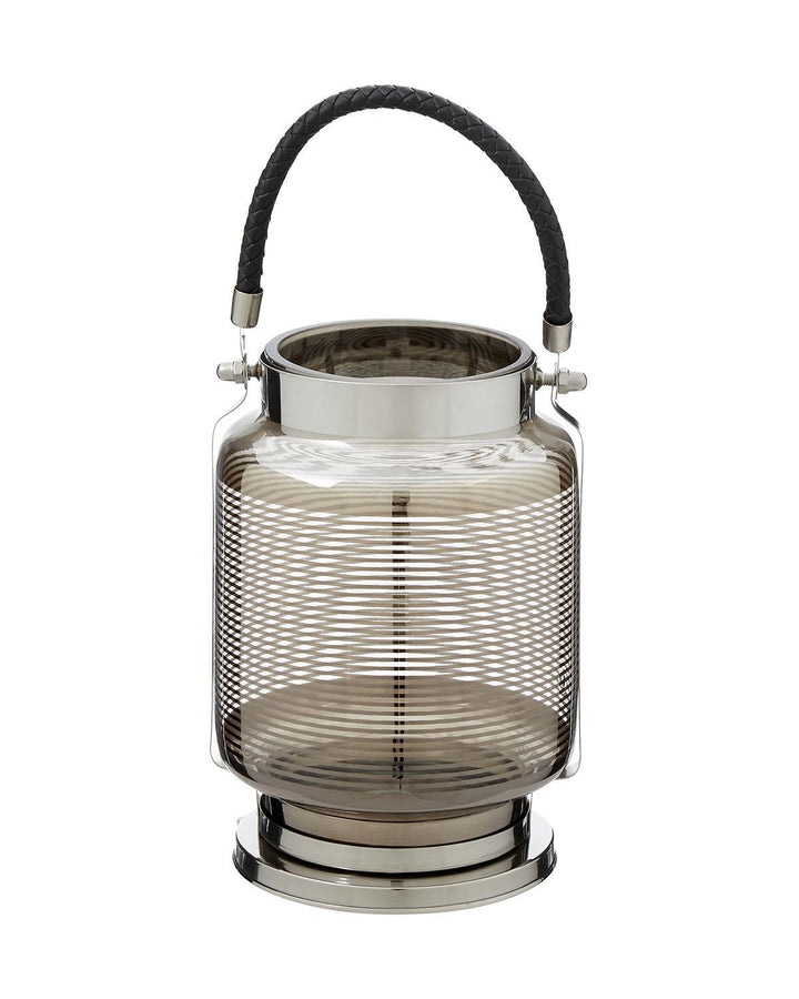 Nickel Stripe Glass Small Lantern with Faux Leather Handle - Ideal