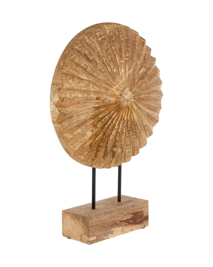 Handcrafted Gold Fluted Mango Wood Disc Sculpture on Wooden Plinth with Black Iron Rods - Ideal