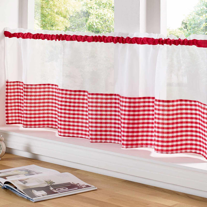 Gingham Check Red Voile Café Curtain Panels - 59" x 18" - Ideal Textiles
