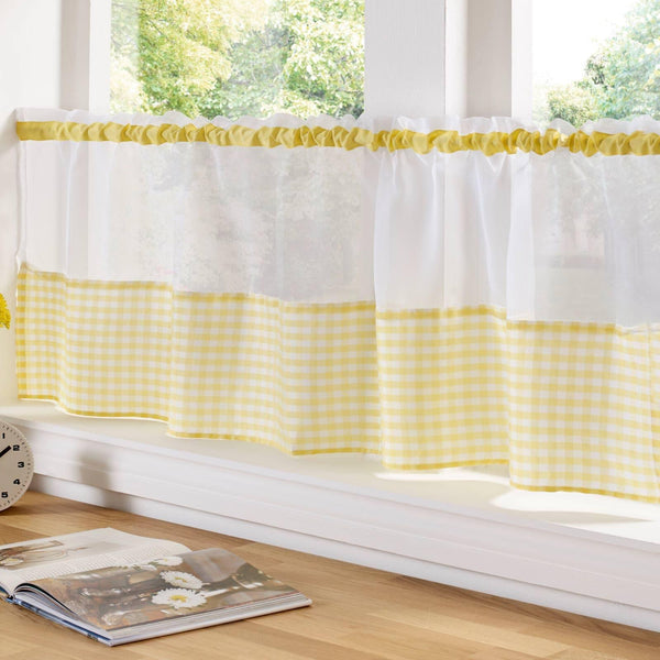Gingham Check Yellow Voile Café Curtain Panels - 59" x 18" - Ideal Textiles