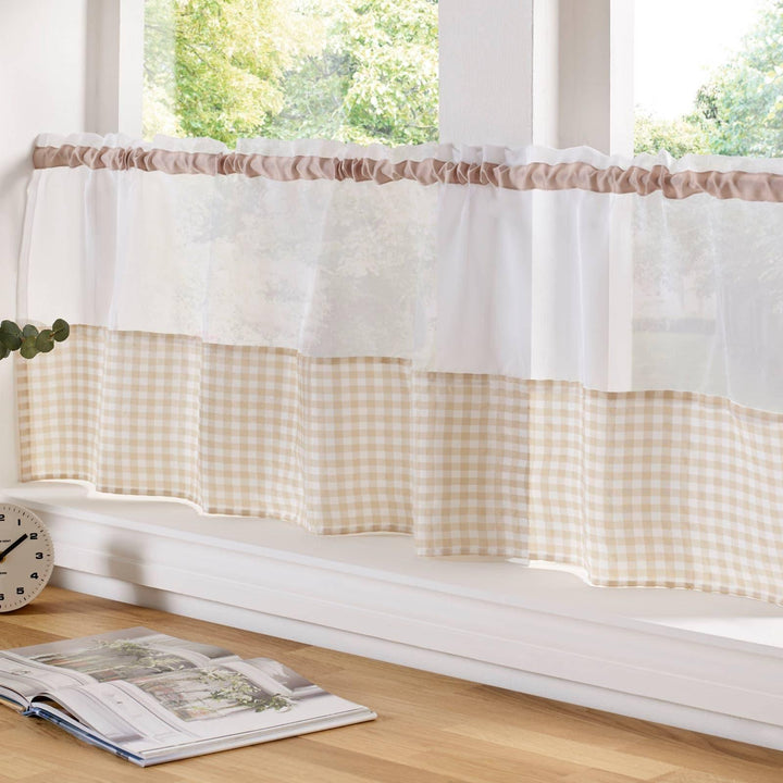Gingham Check Beige Voile Café Curtain Panels - 59" x 18" - Ideal Textiles