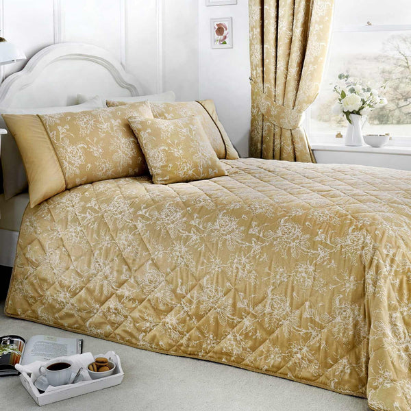 Jasmine Floral Jacquard Champagne Quilted Bedspread -  - Ideal Textiles