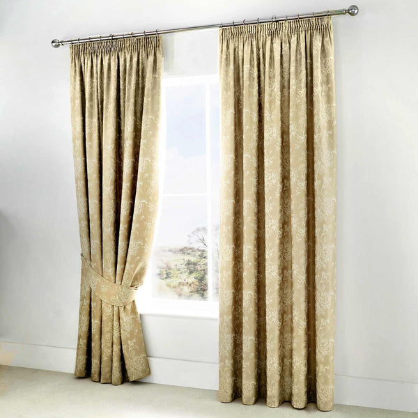 Jasmine Floral Jacquard Champagne Lined Tape Top Curtains - 66'' x 72'' - Ideal Textiles