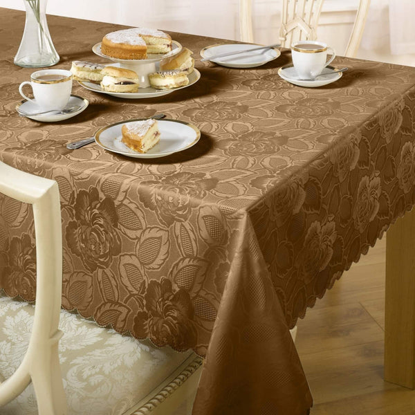 Damask Rose Floral Jacquard Coffee Tablecloths & Napkins - 50'' x 70'' - Ideal Textiles