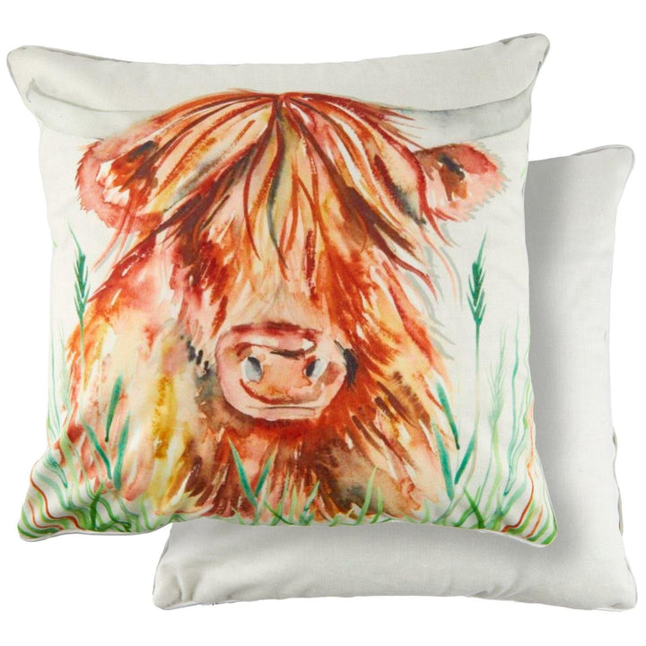 Highland Cow Watercolour Velvet Cushion Cover 17" x 17" -  - Ideal Textiles