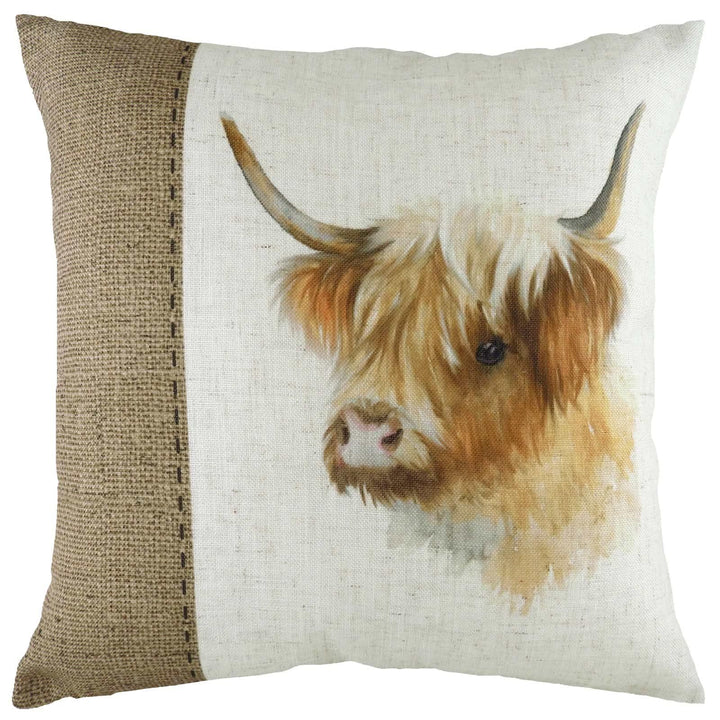 Hessian Highland Cow Watercolour Print Filled Cushions 17'' x 17'' - Polyester Pad - Ideal Textiles