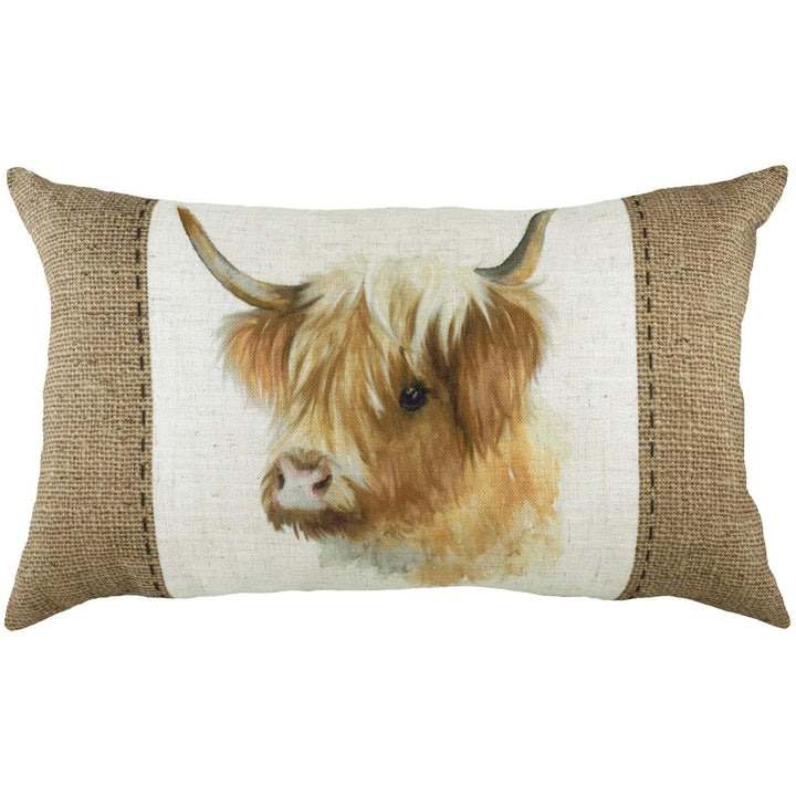 Hessian Highland Cow Watercolour Print Filled Cushions 12'' x 20'' - Polyester Pad - Ideal Textiles
