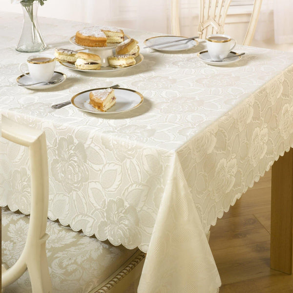 Damask Rose Floral Jacquard Cream Tablecloths & Napkins - 50'' x 70'' - Ideal Textiles