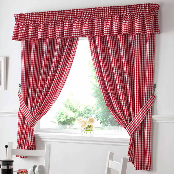 Gingham Check Red Tape Top Kitchen Curtains - 46'' x 42'' - Ideal Textiles