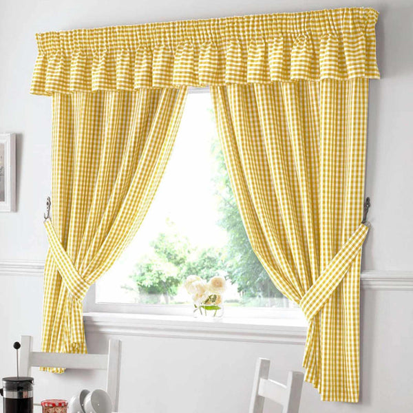 Gingham Check Yellow Tape Top Kitchen Curtains - 46'' x 42'' - Ideal Textiles