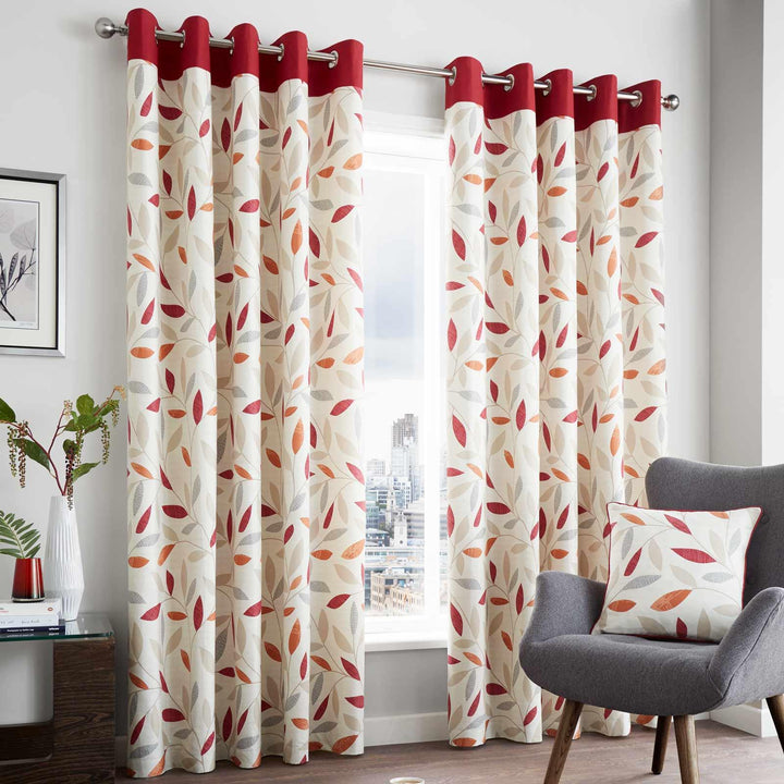 Beechwood Leaf Lined Eyelet Curtains Red - 46'' x 54'' - Ideal Textiles