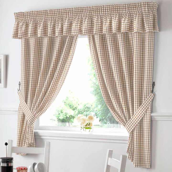 Gingham Check Beige Tape Top Kitchen Curtains - 46'' x 42'' - Ideal Textiles