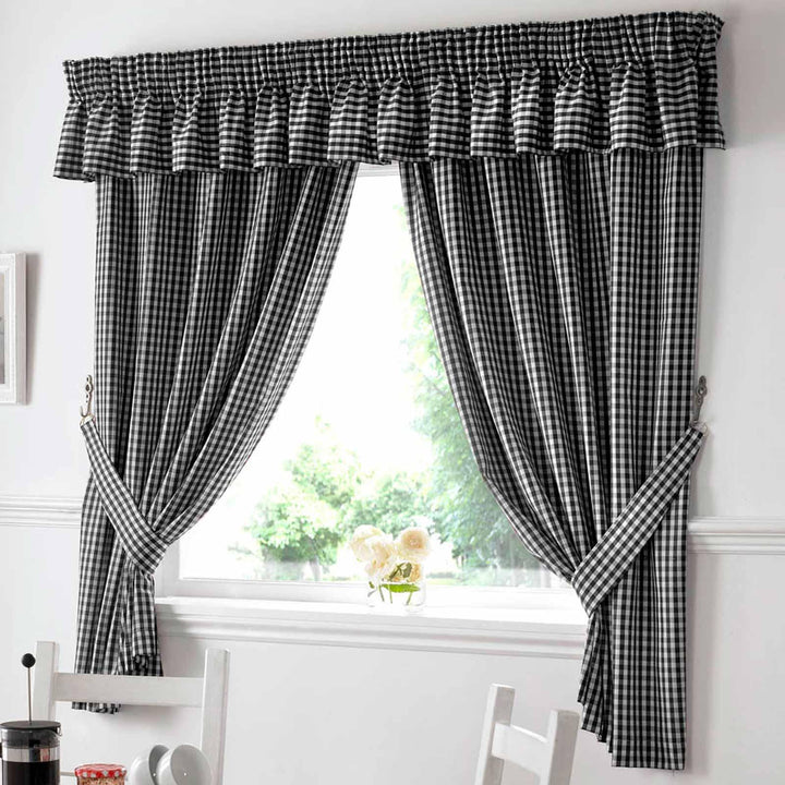 Gingham Check Black Tape Top Kitchen Curtains - 46'' x 42'' - Ideal Textiles