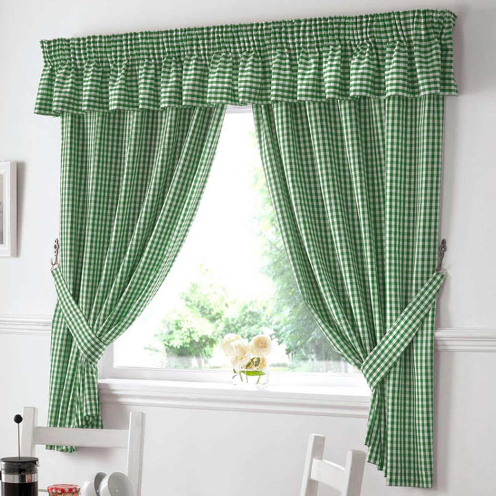 Gingham Check Green Tape Top Kitchen Curtains - 46'' x 42'' - Ideal Textiles