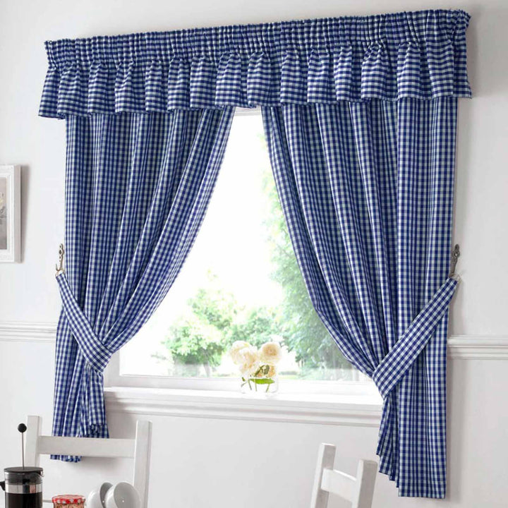 Gingham Check Blue Tape Top Kitchen Curtains - 46'' x 42'' - Ideal Textiles