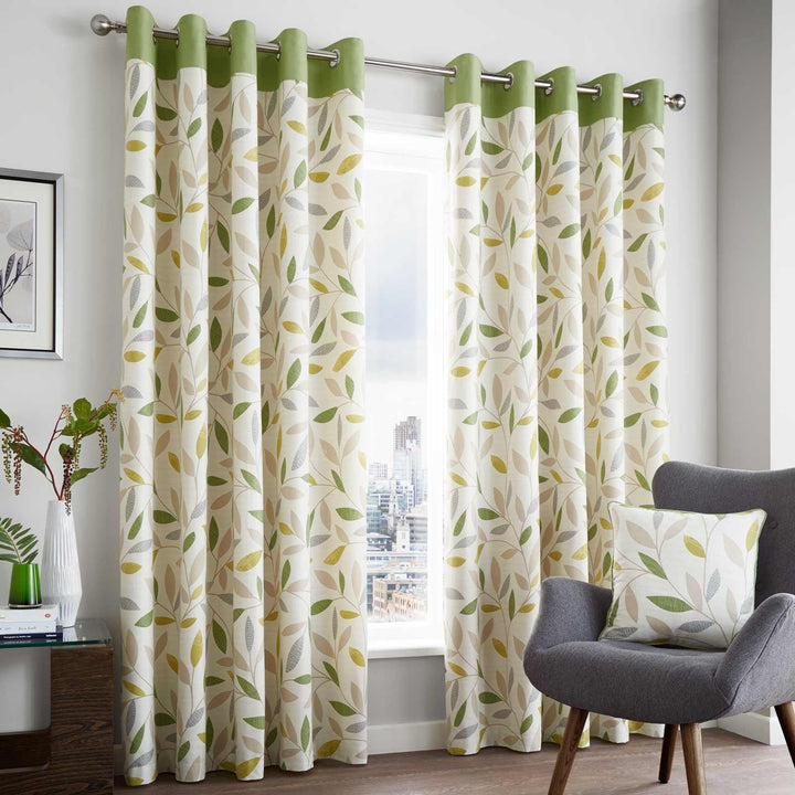 Beechwood Leaf Lined Eyelet Curtains Green - 46'' x 54'' - Ideal Textiles