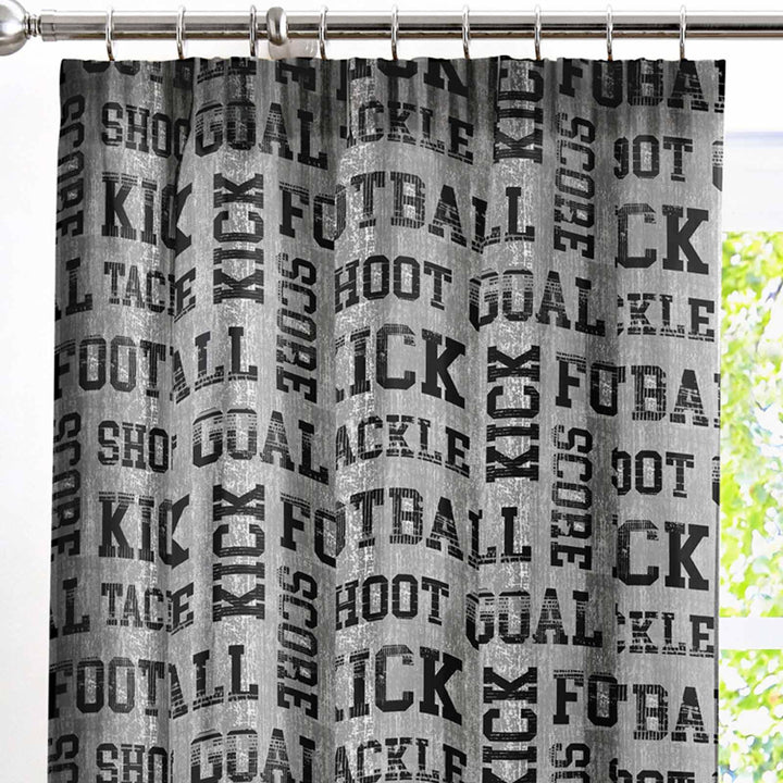 Football Slogans Print Kids Grey Lined Tape Top Curtains -  - Ideal Textiles
