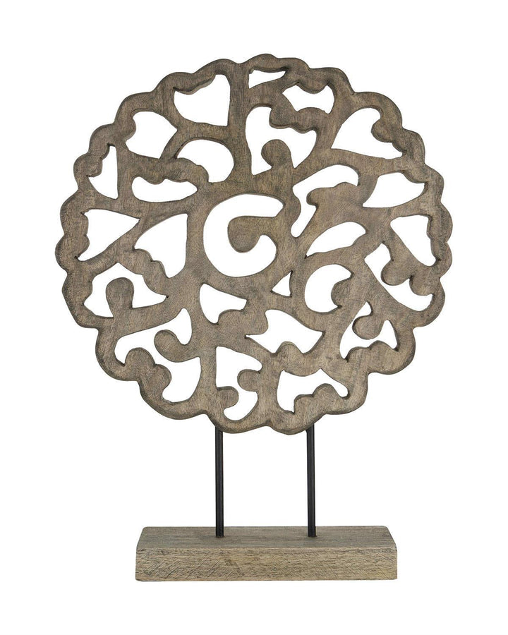 Handcrafted Grey Cut Out Mango Wood Sculpture on Iron Stand - Ideal