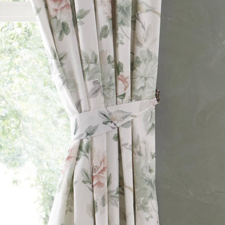 Campion Lined Tape Top Curtains Green & Coral - Ideal
