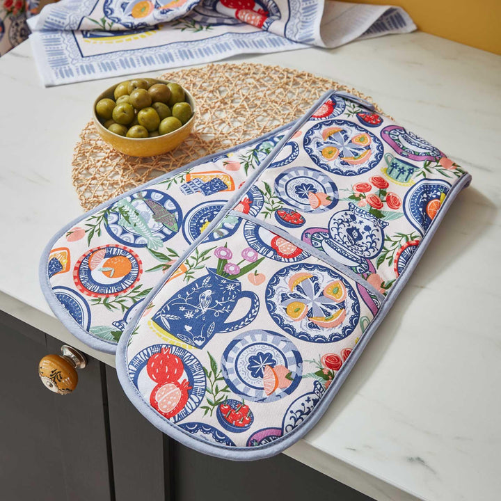 Mediterranean Plates Luxury Cotton Double Oven Glove - Ideal