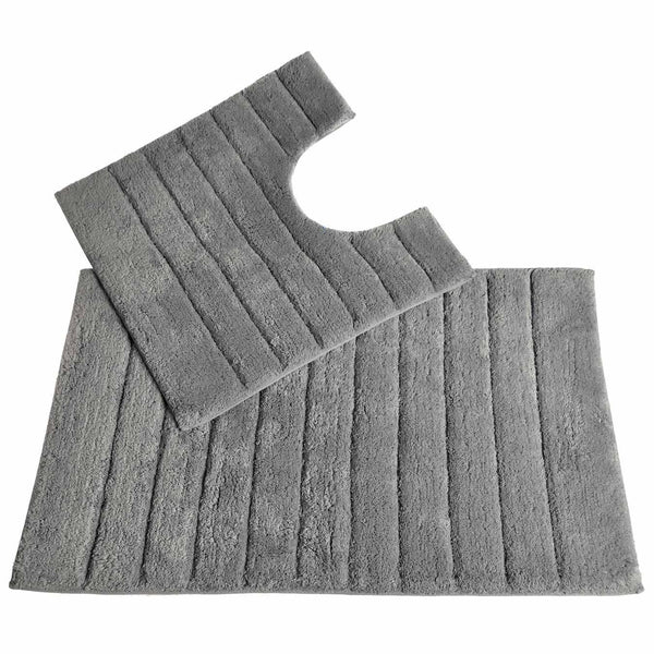 Linear Rib Cotton Bath & Pedestal Mat Set Grey -  - Ideal Textiles