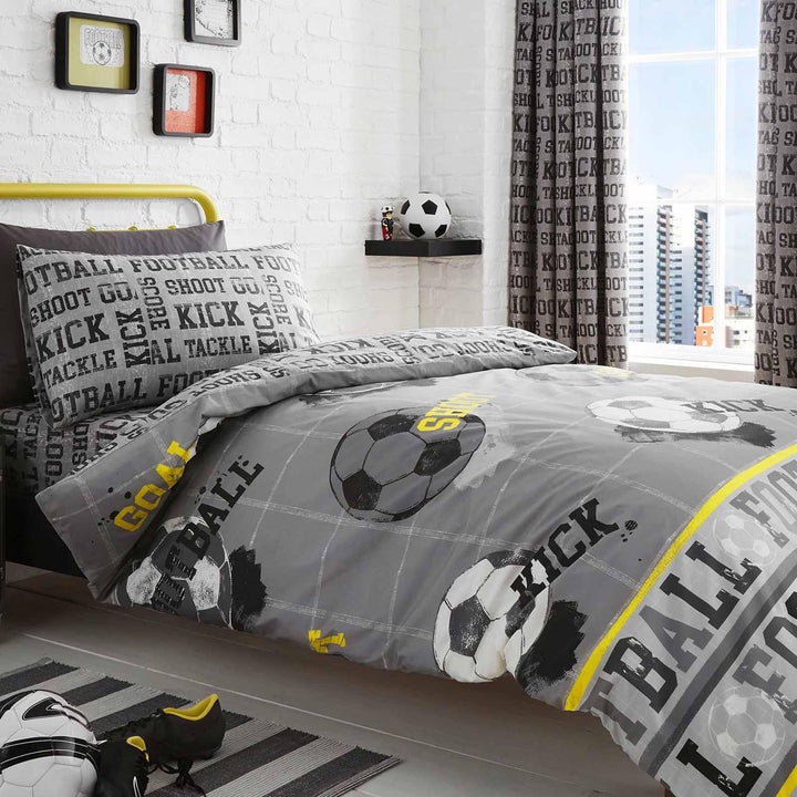 Football Slogans Reversible Kids Grey Duvet Cover Set - Single - Ideal Textiles