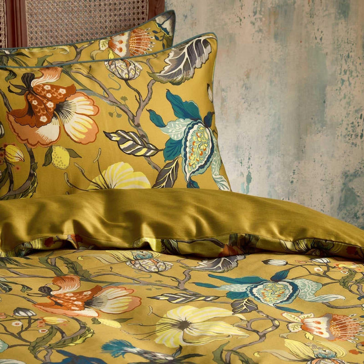 Morton Floral Cotton Sateen Ochre Duvet Cover Set - Ideal